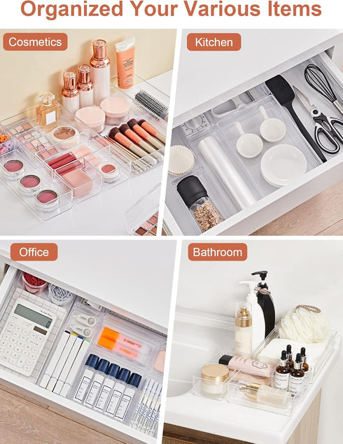SMARTAKE 20-Piece Drawer Organizer with Non-Slip Silicone Pads, 7-Size Storage Tray for Makeup, Jewelries, Clear