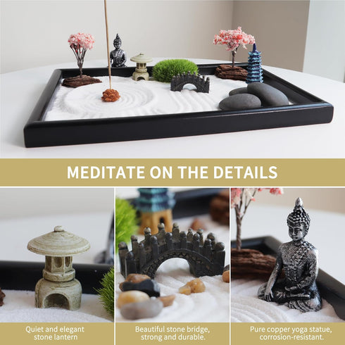 Zen Garden for Desk, Mini Japanese Desktop Sand Office Miniature Zen Garden Box with Lid Kit