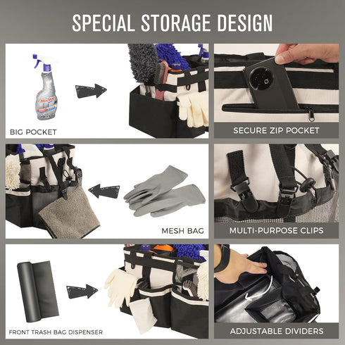 Wearable Cleaning Caddy, Supplies Organizer with Handle & Shoulder Straps for Housekeepers, Under Sink & Car Cleaning