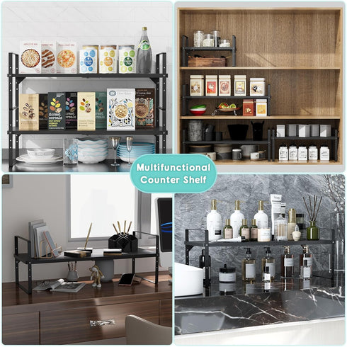Expandable Cabinet Shelf Organizers, Stackable Metal Shelves Extender for Kitchen Cabinet Countertop Storage, Black (2