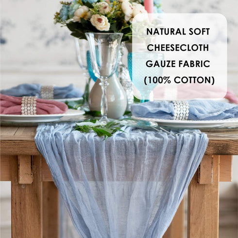 Dusty Blue Cheesecloth Table Runner, 141 in Long, Blue Gauze for Wedding Decoration, Boho Baby Shower