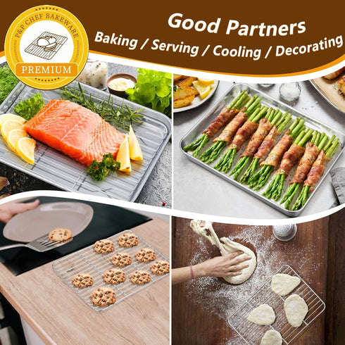 P&P CHEF Toaster Oven Pans with Racks Set of 2, Stainless Steel Small Baking Pan Sheet for Oven Cooking