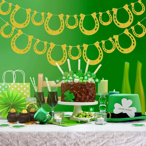 4 Piece Derby Horseshoe Garland Banner for Western Wedding Party Decoration, Pre Assembled (Gold)
