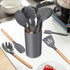 LIANYU 15-Piece Kitchen Silicone Cooking Utensils Set with Holder, Wooden Handle Tools in Black Gray
