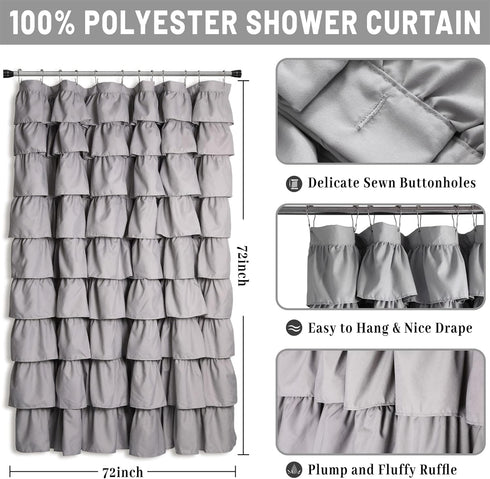 72x72 Inch Handmade Ruffle Shower Curtain Shabby Chic Shower Curtain for Bathroom Soft Cloth Microfiber Bath Curtain
