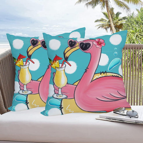 2 Pack Waterproof Summer Flamingo Throw Pillow Covers, 24x24 Inch Tropical Beach Pink Birds Cushion Covers