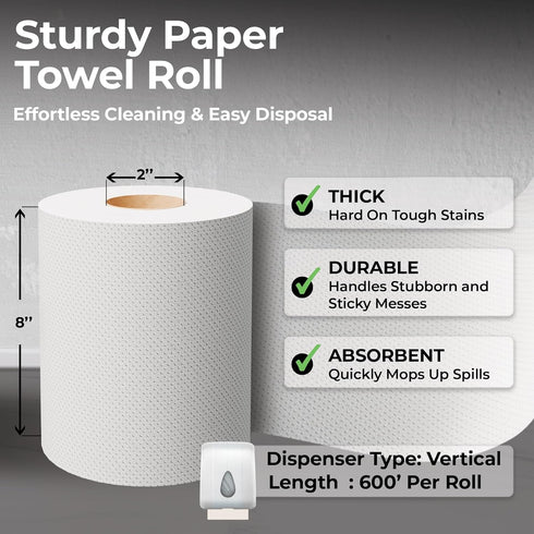 600' 1 8" 1 2" Commercial Restaurantware-Paper Towel Roll x Roll Long Paper Towel Wide Hand Towel Roll Ply Universal
