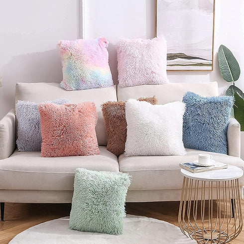 Dongchen Soft Faux Fur Throw Pillow Covers, Pack of 2 Peach Blush Plush Decorative Tie Dye Pink Cushion Cases