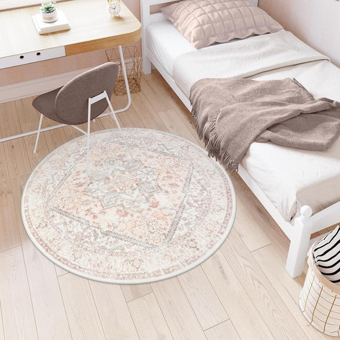 4ft LIVEBOX Pink Round Rug - Machine Washable Circle Rug for Living Room, Non-Shedding Vintage Circular Carpet Bedroom