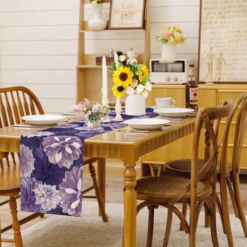Summer 13x108 Inch Purple Dahlia Flower Spring Table Runner Purple Gray Burlap Table Runners, Floral Seasonal Coffee