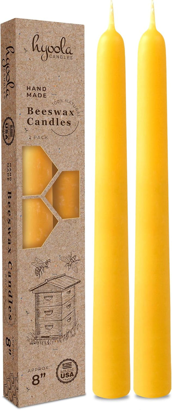 Hyoola 8" Beeswax Taper Candles, 8 Hour Burn Time, Yellow Beeswax Candles, 2 Pack