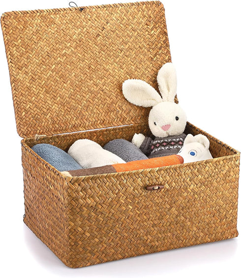 Hipiwe Handwoven Seagrass Wicker Shelf Baskets Bin with Lid, X-Large Rectangular Storage Bins for Home Organizer