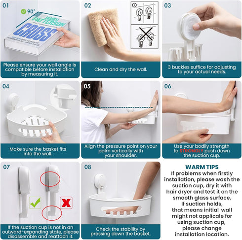 TAILI Corner Shower Caddy with Suction Cups, Wall Mounted Organizer Plastic Rack for Small Bathrooms, Kitchen