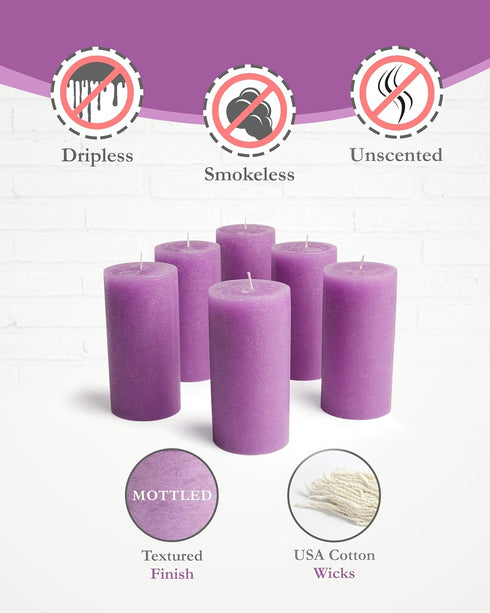 Bask Mottled Pillar Candles - Set of 6, 3" x 6" Dripless Unscented Purple Candles for Home Decor & Relaxation