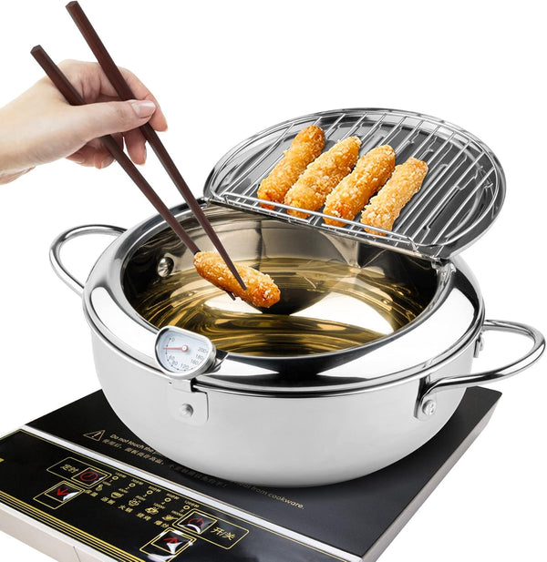 Kerilyn Deep Fryer Pot, 11 Inch/4.2L Japanese Style Tempura Frying Pot with Lid, 304 Stainless Steel