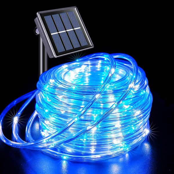 JMEXSUSS 200 LED Solar Rope Lights for Christmas Decor - 72ft IP65 Outdoor Waterproof with 8 Modes, Blue and White