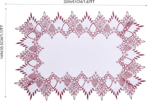 14x20 Set 2 (Set 2, White Dark Red Linen Lace Placemats of Coffee Table Topper Dresser Scarf Place Mats of Dark Red)