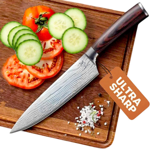 8 Inch Japanese Chef Knife | Razor Sharp High Carbon Stainless Steel Kitchen Knife | Damascus Pattern Professional