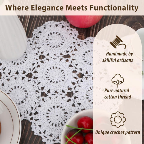 kilofly Crochet Cotton Lace Table Placemats Doilies, 4pc, White, Blossoms, 10 inch