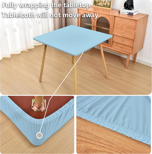 34x34 inch Baby Blue Fitted Tablecloth with Elastic for Square Folding Tables Washable Stretchy Spandex Card Table