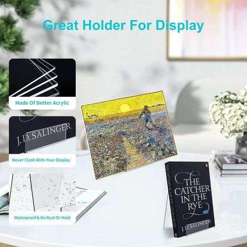 Acrylic Book Stand with Ledge, 10PC Clear Acrylic Display Easel for Books, Magazine, Pictures, Artworks