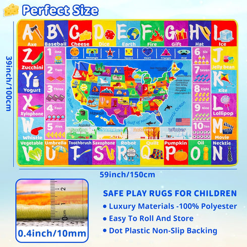 59"39.4" USA Map ABC Kid Rug for Playroom Geography Classroom Play Rug Educational Baby Playmat Alphabet Mat State