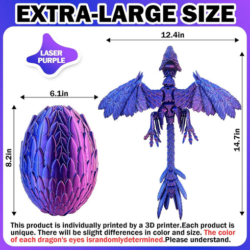 3D Extra Large Dynamic Printed Dragon Egg with Dragon InsideOpen and Close Mouth with Wings Movable and Eyes, Feathered