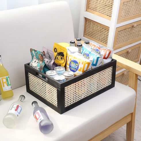 Black Wooden Rattan Storage Basket for Organizing, 14.96"x11.02"x6.30"