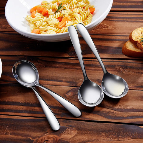 KEAWELL Premium 7.3 Inches Soup Spoons Set of 4, 18/10 Stainless Steel, Deep Bowl for Ramen, Pho, Miso (Round-Handle)