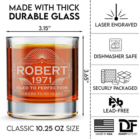 DaddyFactory Personalized Whiskey Glass for Men, Customized Engraved Monogram Rocks Cocktail Glass, 10.25 oz