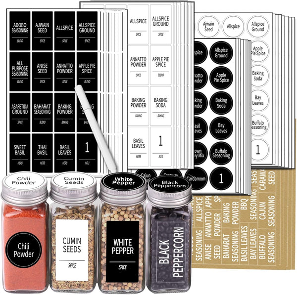 SWOMMOLY 892 Spice Jar Labels in 5 Types with Chalk Marker Set, 800 Printed Spice Labels with 92 Extra Write-on Stickers