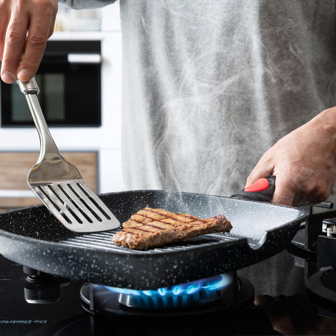 Moss & Stone 11In Square Grill Pan, Nonstick Die Casting Aluminum, Removable Handle for Indoor Cooking, Meats &