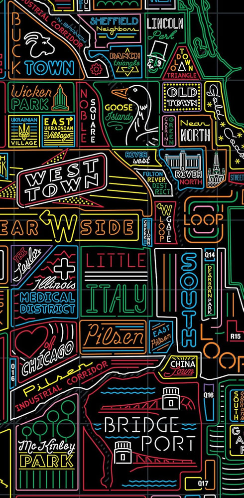 Neon Neighborhood Map of Chicago Poster, Chicago Gift and Wall Art