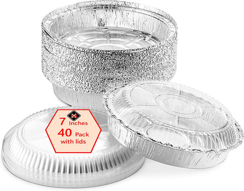 Mr Miracle Pack of 40 Disposable Aluminum Foil Pans with Clear Lids, 7 Inch Circular Pans for Baking