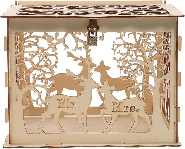 Amosfun Wooden Vintage Wedding Card Box, DIY Rustic Hollow Box with Lock Key and Rubber Rings for Decorations