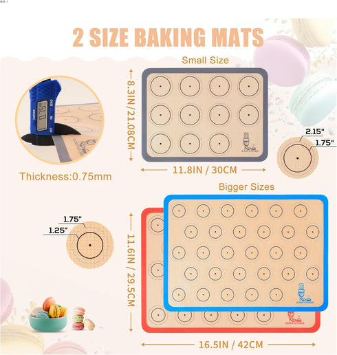 Set of 3 Silicone Baking Mats for Macarons - Non Stick Cookie Oven Liners (2 Half Sheet, 1 Quarter Sheet) - Red, Blue,