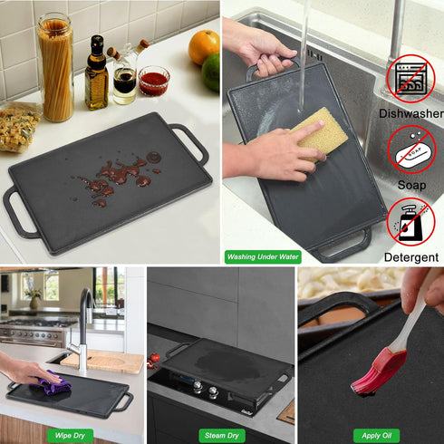GasSaf Cast Iron Double Sided Griddle, Reversible Grill Pan for Indoor Cooking, 13 x 8.25 Stovetop Griddle