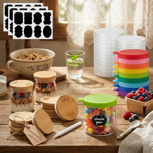 Blushtier 45 Pack Yogurt Jar Lids Set 9 Silicone, 24 Plastic & 12
