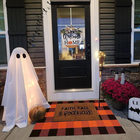 Fall Outdoor Rug, Orange Buffalo Plaid Cotton Hand-Woven Rug for Front Door/Porch/Farmhouse/Entryway (27.5'' x 43'')