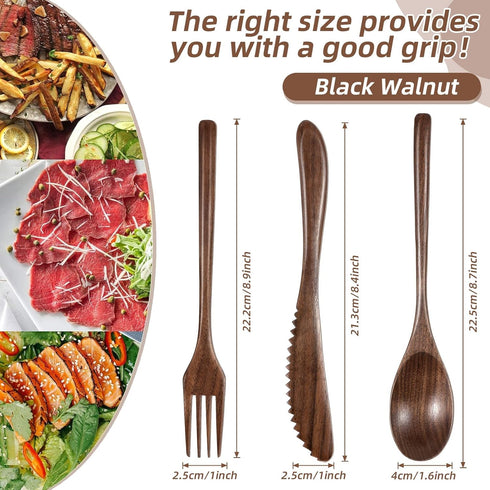 12 Set Set Geiserailie Pcs Wooden Silverware Wood Utensils for Eating Wooden Spoon Fork Knife Cutlery Kitchen Dinner
