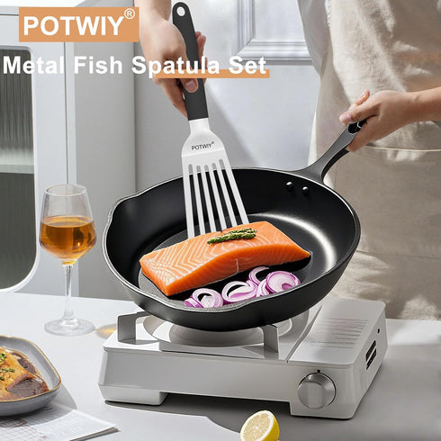 Set, 13.3" 11.3" (2 Pack) Stainless Steel Spatula Large & Small Slotted Fish Turner with Silicone Handle, Metal
