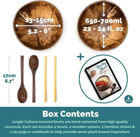 Jungle Culture 2 Polished Coconut Bowl and Wooden Spoons Set with Bamboo Straws • Natural Coconut Smoothie Bowls • Healthy Choice Coco Shell Acai & Buddha Bowls • Eco Friendly Vegan Gifts by Jungle Culture