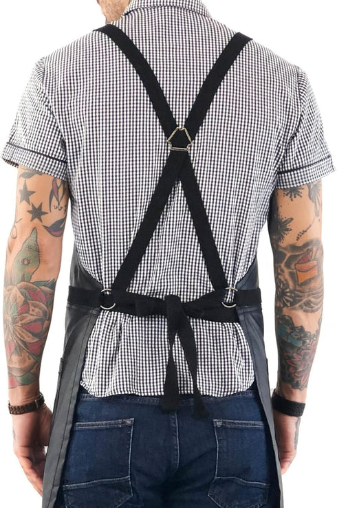 Under NY Sky Cross-Back Panther Black Apron – Coated Twill with Leather Reinforcement, Adjustable for Men and Women