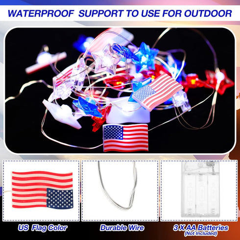 2 4th 10ft 30 Zhanmai Pcs of July Decorations Lights Red White Blue String Lights LED Patriotic Stars American Flag