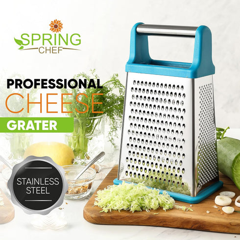 Spring Chef Handheld Stainless Steel XL Parmesan Cheese Grater with Handle - 4 Sided Metal Box Grater for Kitchen