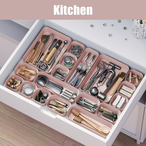 Plastic Drawer Organizers, 18 PCS Bathroom Drawer Organizer Bins, Makeup and Storage for Bedroom, Pink