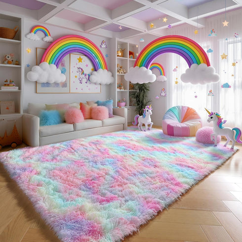 4x6 PAGISOFE Rainbow Fluffy Soft Plush Area Rugs for Girls Bedroom, Shaggy Rugs for Kids Playroom,Kawaii Princess Fuzzy