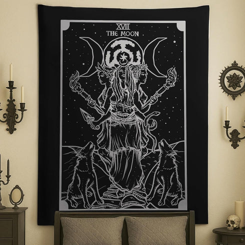The Goddess Hecate Tarot Card Tapestry (Black & White) - Triple Moon Goddess of Witchcraft Hekate Wheel Pagan Witch