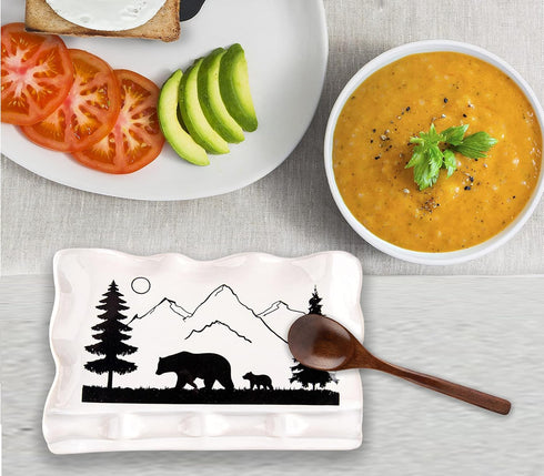 Spoon Rest for Stove Top - Kitchen Counter Spoon Holder for 3 Spoons, Ceramic Spoon Rest with Bear Picture