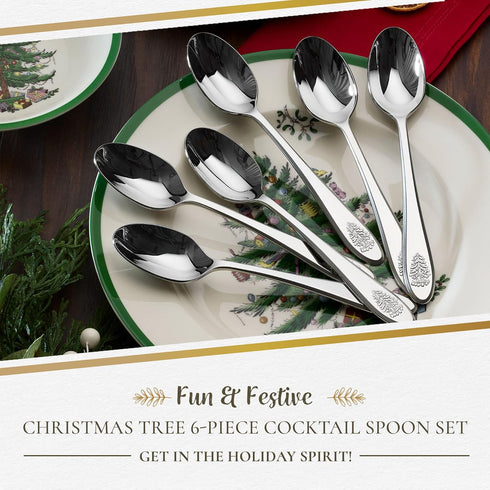 Spode Christmas Tree Cocktail Spoons | Spoon Sets for Kitchen | Flatware Set for 6 | Christmas Dessert Spoons | 18/10 Stainless Steel Flatware | Utensil Set - Dishwasher Safe